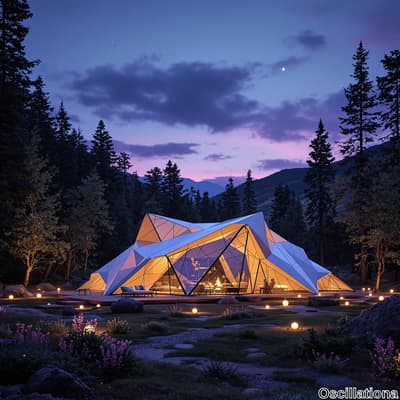 A modern, geometric structure with angular, white triangular facets and large glass panels, resembling a tent, warmly lit inside, set amidst tall pine trees in a serene forest.