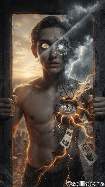 A shirtless young man stands in a wooden doorway, his fractured body glowing with orange cracks and a large eye on his chest, struck by lightning under a stormy sky while holding vintage photographs.