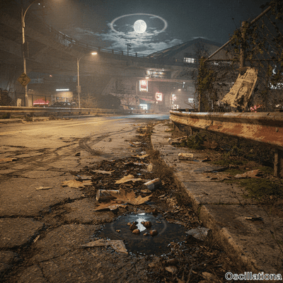 Haunting, cinematic night scene of a derelict urban street under a concrete overpass with a large full moon with glowing halo in the dark cloudy sky, wet road scattered with leaves debris and reflective puddle creating eerie melancholic mood