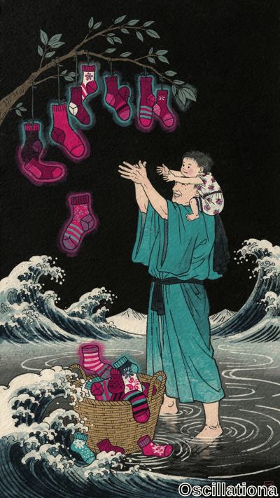 Surreal ukiyo-e-style print on black background: joyful man in flowing teal robe back-carries giggling toddler amid crashing waves, reaching for glowing pink/red patterned socks floating in air, spilling from basket at feet, distant
