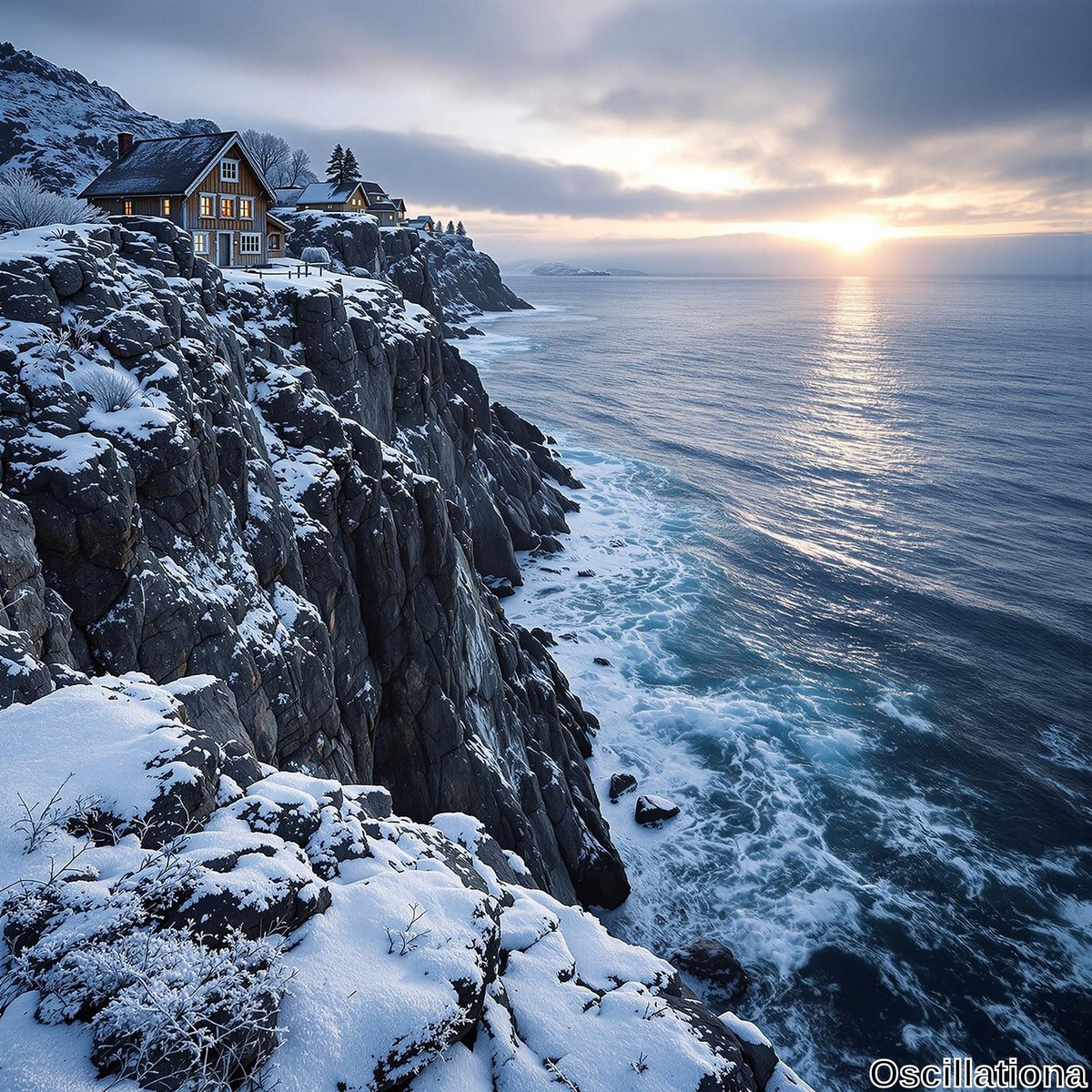 Wooden houses with snow-covered roofs glow warmly on a rugged cliff at sunset.