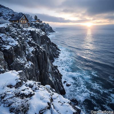 Wooden houses with snow-covered roofs glow warmly on a rugged cliff at sunset.