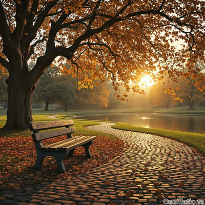 A serene autumn park scene with a wooden bench on a cobblestone path beside calm water.