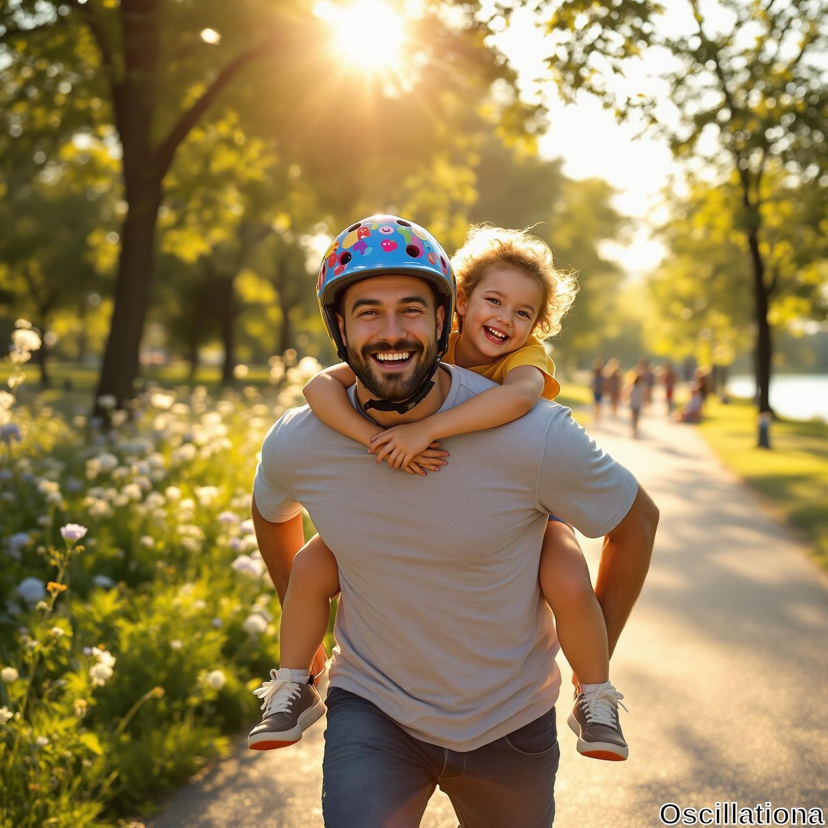 A joyful scene in a sunlit park where a man gives a young girl a piggyback ride, both wearing helmets for cycling.