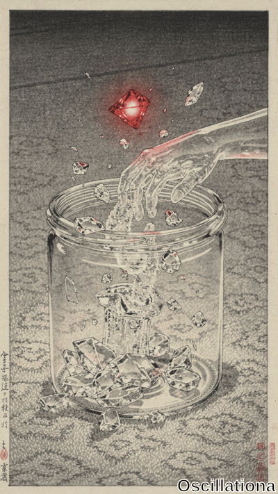 A translucent hand reaches into a glass jar brimming with faceted crystals while a glowing red diamond floats above, emitting particles. Detailed black-and-white illustration with striking red accent creates a surreal, mysterious mood.