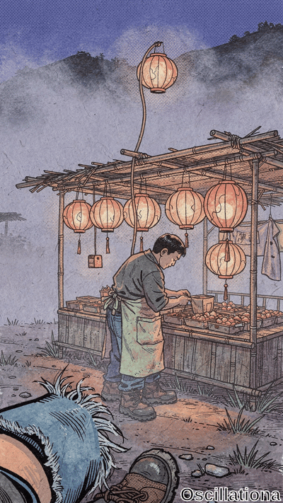Serene nighttime misty mountains in painterly halftone style with purple-blue fog, silhouetted hills, and sparse trees. Rustic bamboo stall glows with orange lanterns over persimmon crates; vendor carves fruit at