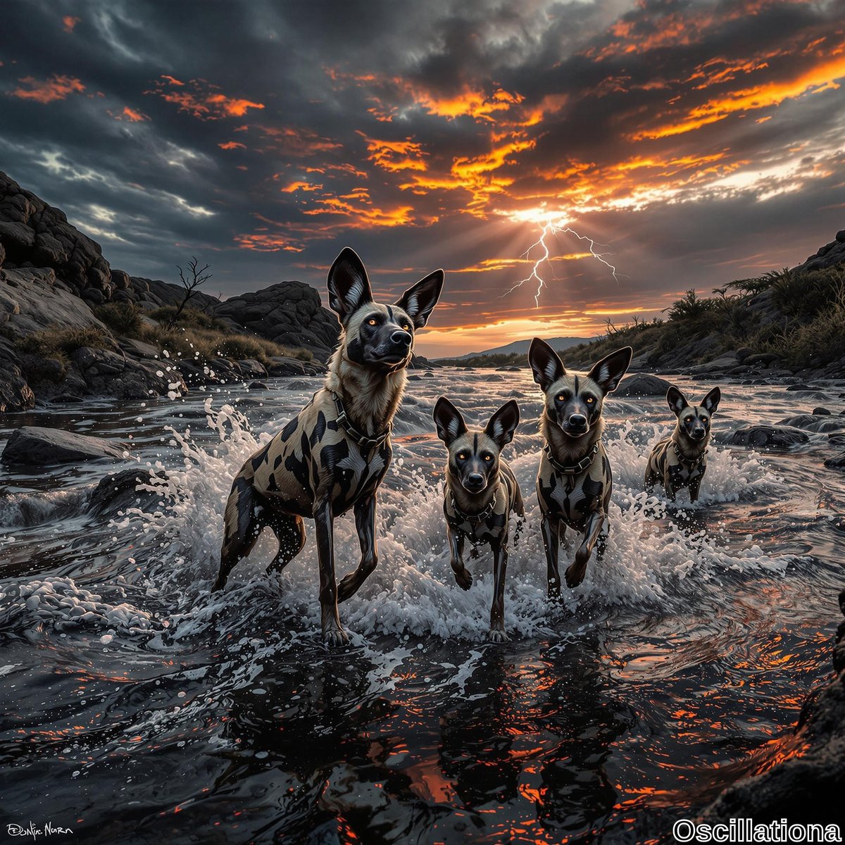Four African wild dogs with mottled black, brown, white, and yellow coats wade through a shallow, rocky stream, alert and focused.