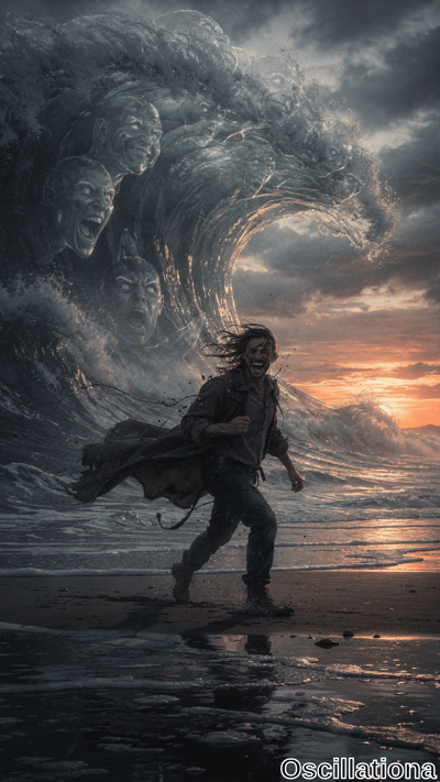 A man in a dark coat and rugged attire runs towards the viewer with a look of intense fear on a beach at sunset