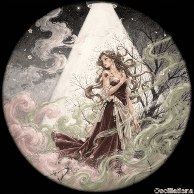 Regal woman with flowing chestnut hair and tiara in off-shoulder maroon gown clutching rose at chest, hand extended amid swirling pink, gray, mint mists & cherry blossoms, framed by barren black branches, lit by white