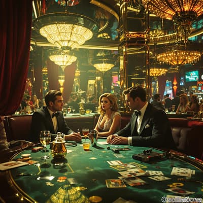 A luxurious casino scene with a round green felt poker table, gold chips, cards, and drinks.