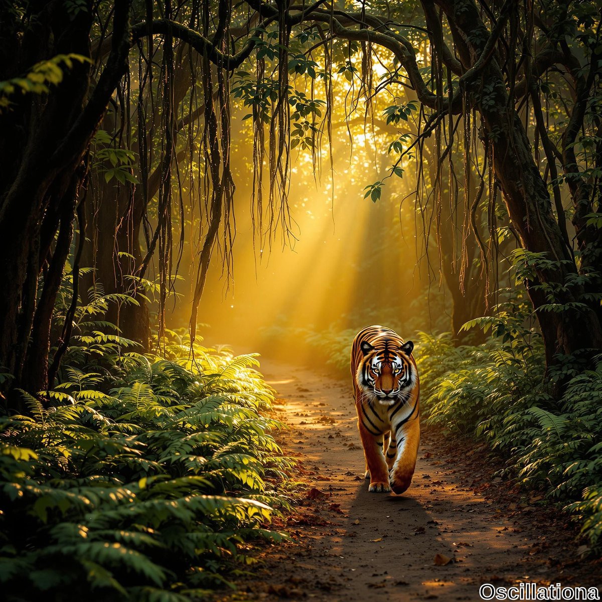 A majestic tiger with vibrant orange fur and black stripes walks confidently down a forest path, its white underbelly visible.