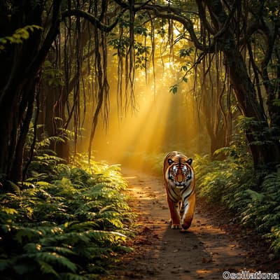 A majestic tiger with vibrant orange fur and black stripes walks confidently down a forest path, its white underbelly visible.