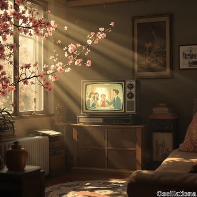 A cozy living room bathed in warm light, featuring a classic TV showing a cheerful family at a dining table.