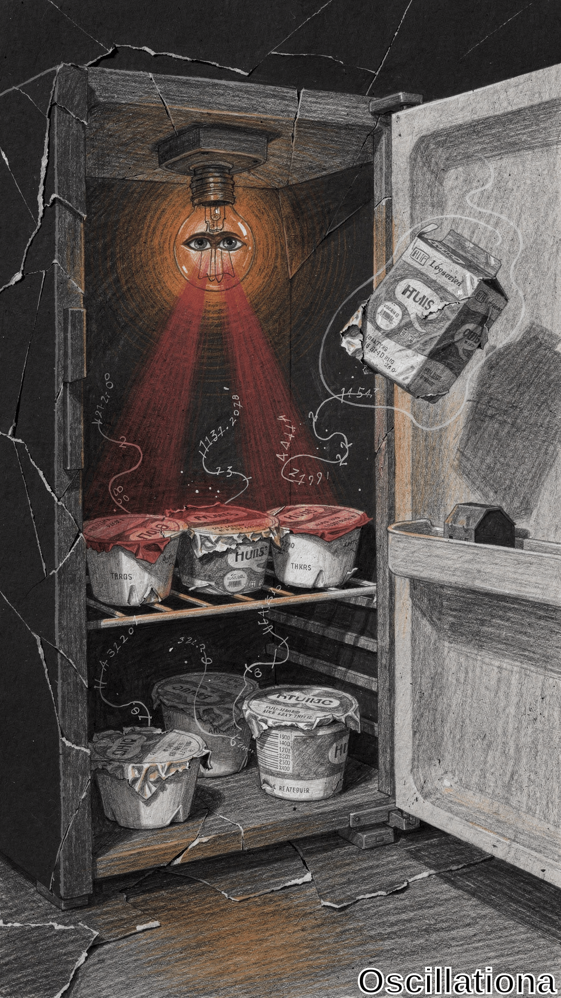 Surreal grayscale pencil sketch of open distressed wooden fridge door in dark cracked interior with orange glow; glaring eyed bulb emits red laser rays amid steam, falling "Huns" milk carton spills toward viewer with cryptic numbers, garbled