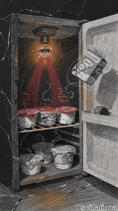 Surreal grayscale pencil sketch of open distressed wooden fridge door in dark cracked interior with orange glow; glaring eyed bulb emits red laser rays amid steam, falling "Huns" milk carton spills toward viewer with cryptic numbers, garbled