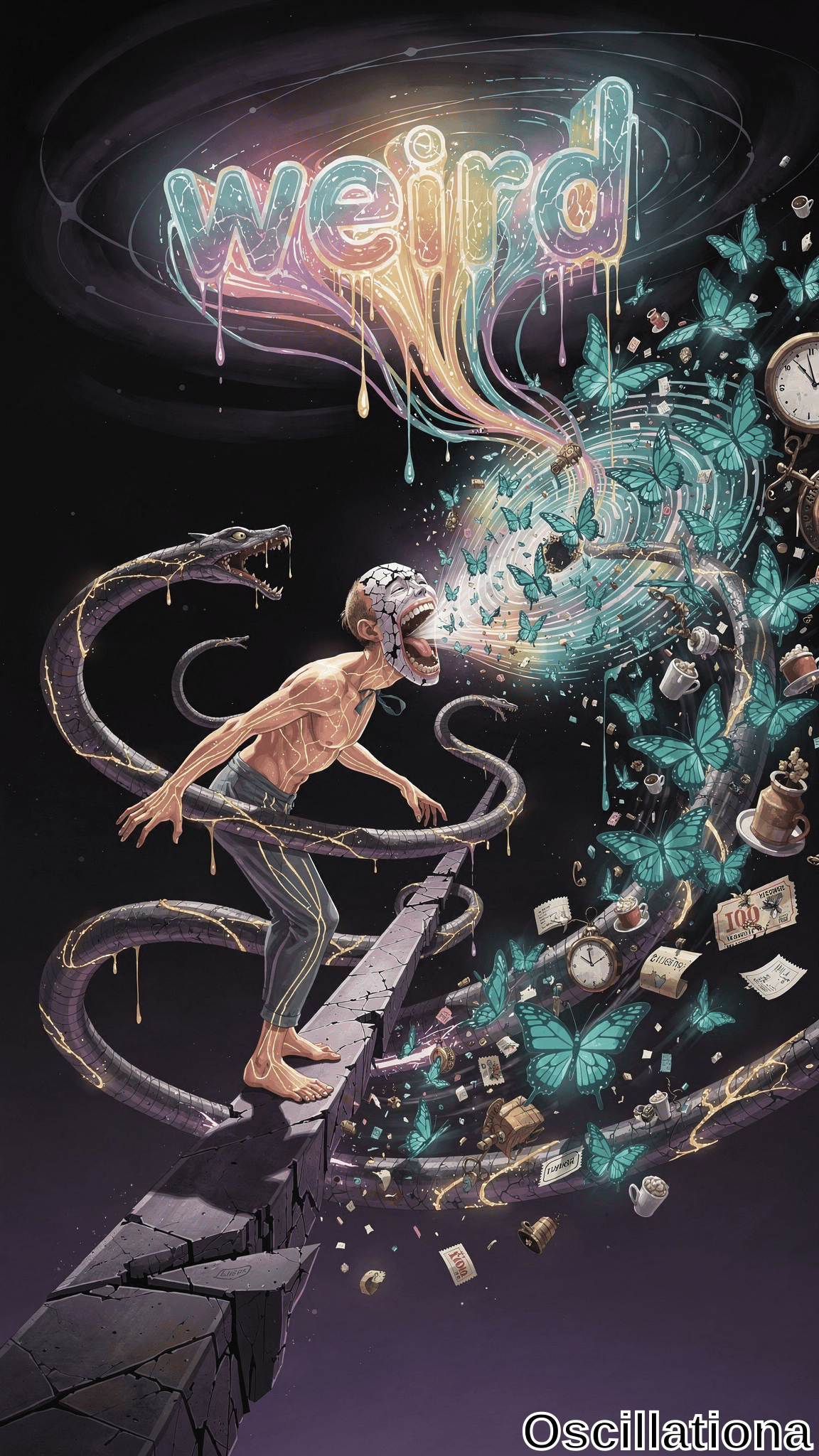 A muscular man on a crumbling ledge, body wrapped by dripping serpents, faces a swirling cyan vortex of clocks, butterflies and floating objects beneath the glowing word 'weird'. Dark surreal illustration with gold and teal accents, eerie chaotic mood.