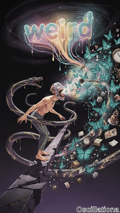 A muscular man on a crumbling ledge, body wrapped by dripping serpents, faces a swirling cyan vortex of clocks, butterflies and floating objects beneath the glowing word 'weird'. Dark surreal illustration with gold and teal accents, eerie chaotic mood.