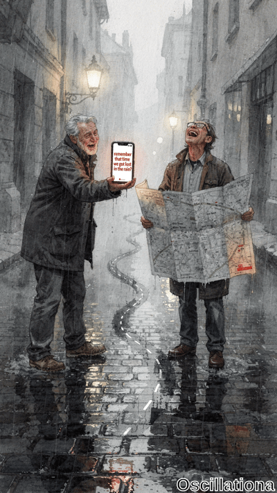 Watercolor of two men laughing in narrow wet cobblestone alley on rainy night lit by warm gas lamps: iPhone with 'lost in rain' reminder, wet paper map with glossy reflections.