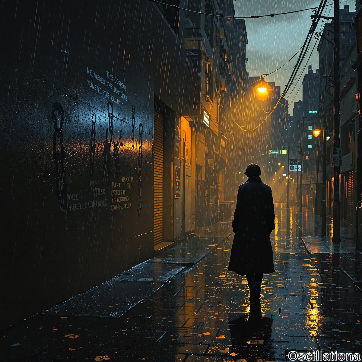 A dimly lit urban alleyway in the rain, with shimmering reflections on the wet pavement from street lamps.