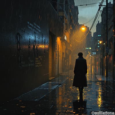 A dimly lit urban alleyway in the rain, with shimmering reflections on the wet pavement from street lamps.