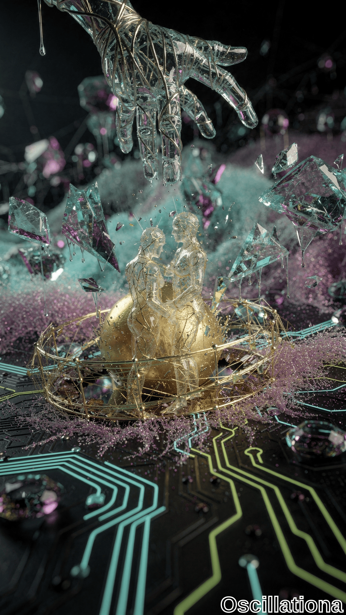 A transparent crystalline hand with intricate wire-like structures reaches towards the center, above two embracing humanoid figures on golden spheres within a delicate wireframe nest