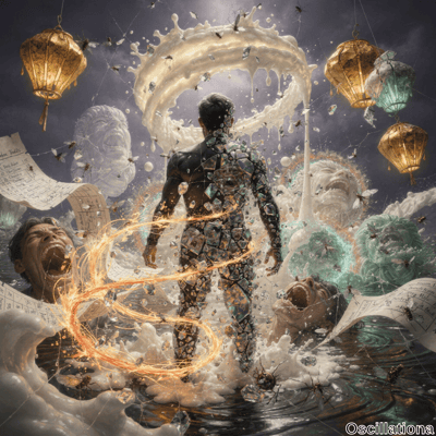 A person covered in a shattered, reflective mosaic stands amidst chaos, controlling a swirling fiery energy loop