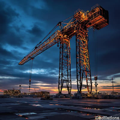 A large construction crane stands silhouetted against a twilight sky, its metallic structure highlighted by vibrant orange lights.