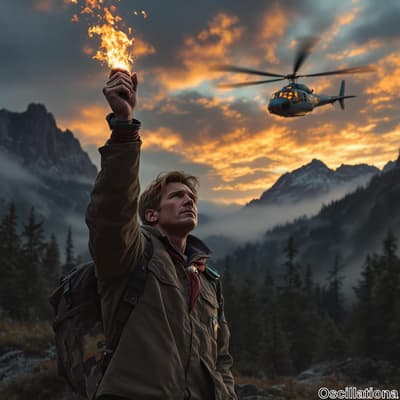 A young man in a green jacket and red hoodie stands in a mountainous landscape at sunset, raising a flare with bright orange flames high above his head.