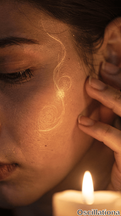 Close-up of a woman's serene face lit by a candle flame, showing an intricate glowing spiral pattern on her cheek as fingers gently touch her skin. Warm golden light creates an intimate, mystical mood.