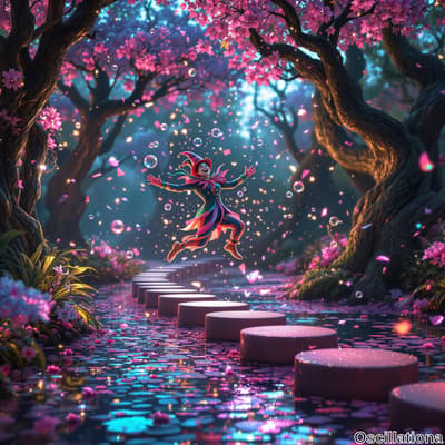 A whimsical spring forest scene with large pink cherry blossom trees in full bloom.