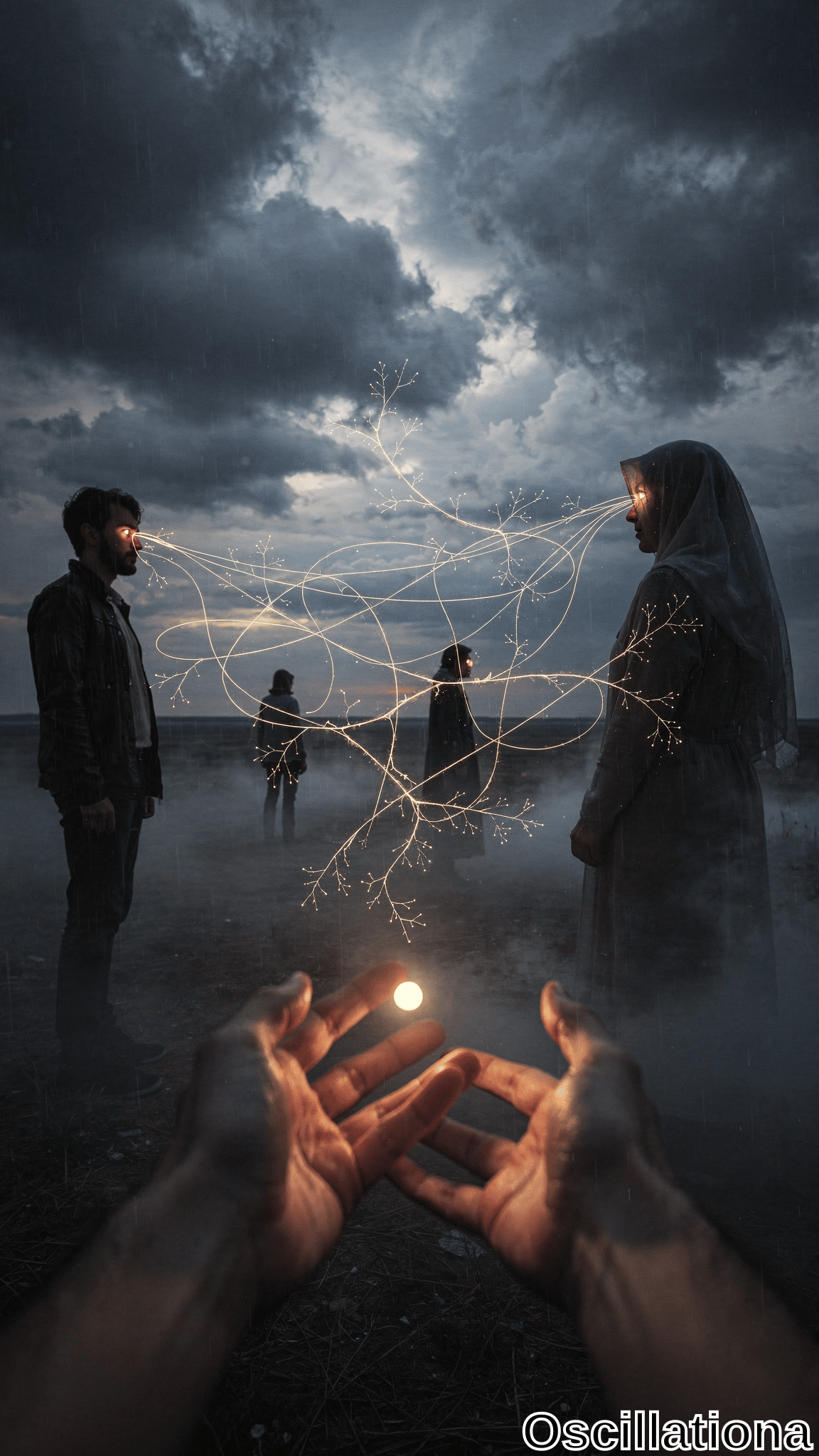 A surreal scene with dark, cloudy sky; two hands in the foreground hold a glowing yellow orb emitting branch-like light lines to three silhouetted figures in a misty field