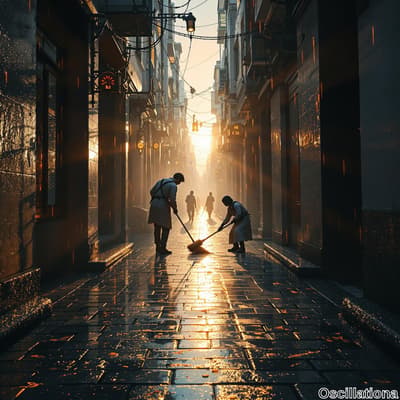 "In an urban alleyway, three workers in similar attire sweep the wet, reflective cobblestone street during golden hour.