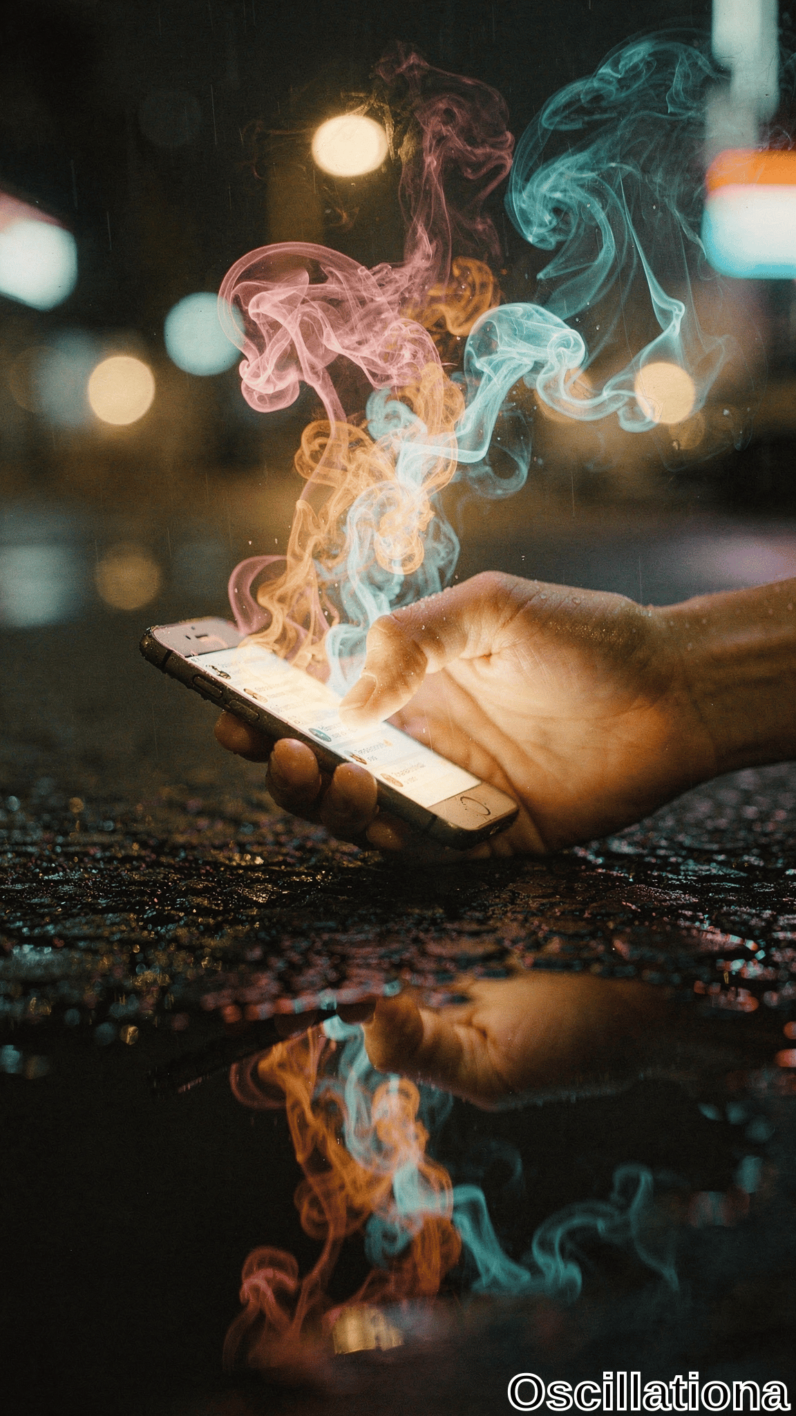 Close-up cyberpunk night street in heavy rain: wet fair hand with glistening droplets holds lit silver iPhone showing chat bubbles. Neon pink, cyan, orange smoke swirls ethereally from fingertips and screen; bokeh lights