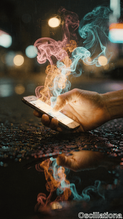 Close-up cyberpunk night street in heavy rain: wet fair hand with glistening droplets holds lit silver iPhone showing chat bubbles. Neon pink, cyan, orange smoke swirls ethereally from fingertips and screen; bokeh lights