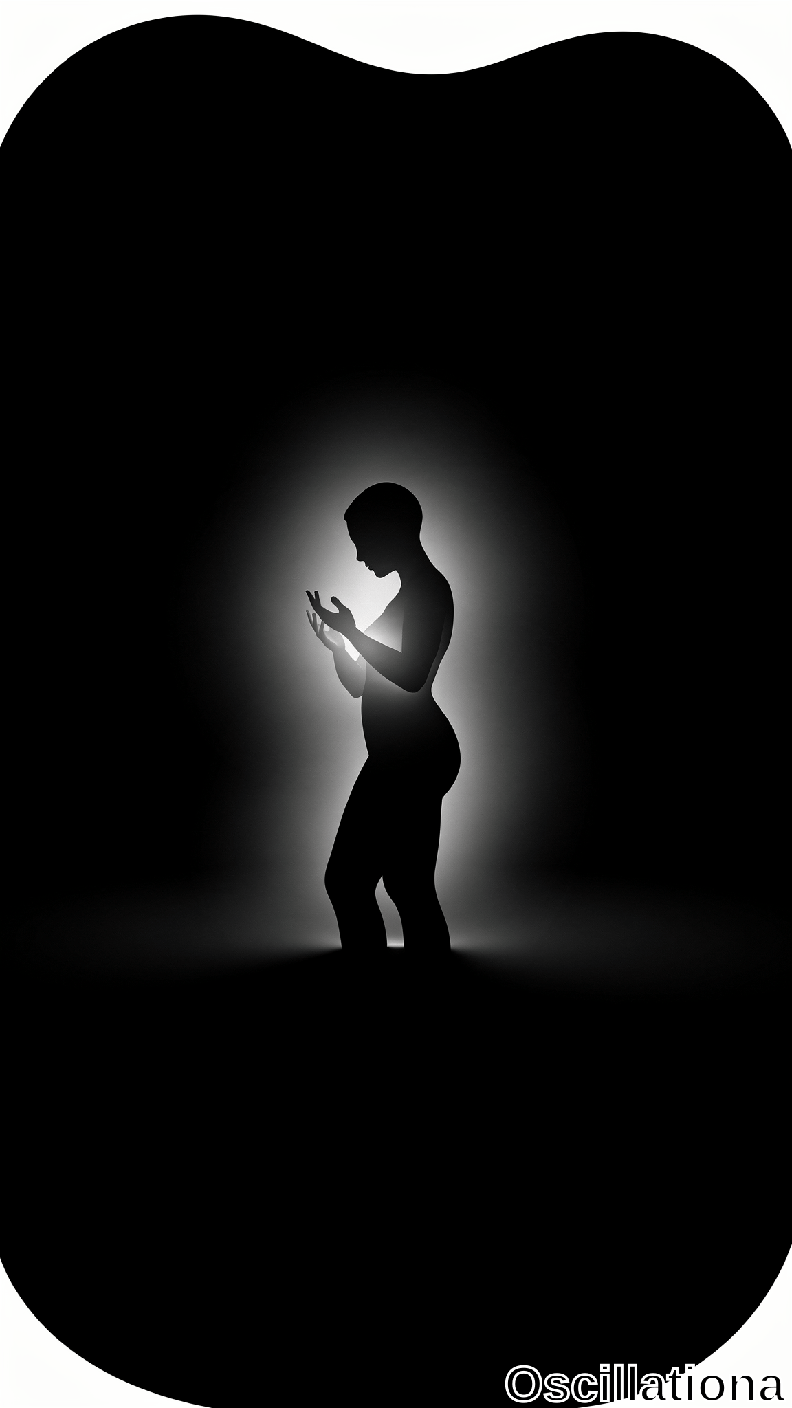 A silhouette of a person in profile facing right, backlit by a soft glow creating a halo effect around the body, highlighting contours and depth