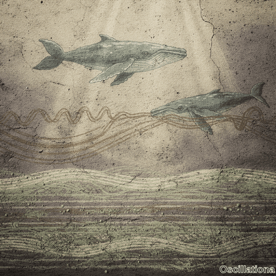 Two stylized humpback whales swim to the right on this ancient cave painting with cracked stone background, wave lines, and seabed in earth tones. 
.