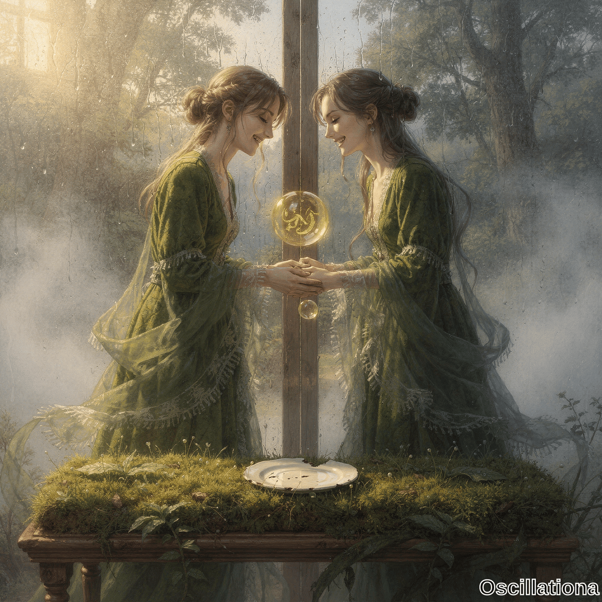 Two identical women in emerald gowns hold hands face-to-face through rain-streaked frame in misty forest with golden dragon orb glowing between them.
.