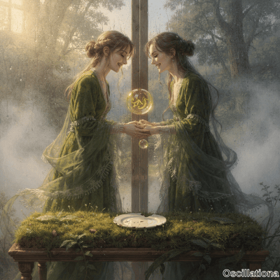 Two identical women in emerald gowns hold hands face-to-face through rain-streaked frame in misty forest with golden dragon orb glowing between them.
.