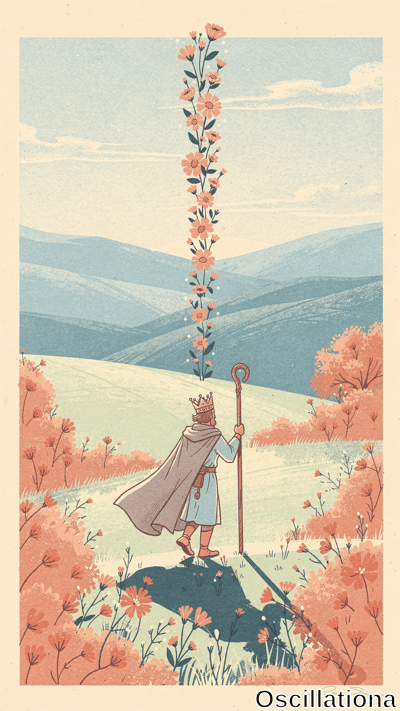 Pastel lithograph fantasy landscape: crowned bearded man viewed from behind in flowing blue robe, taupe cloak on green path holding ornate staff beside towering orange cosmos flower stem amid orange-red bushes, pale green meadows, distant teal mountains