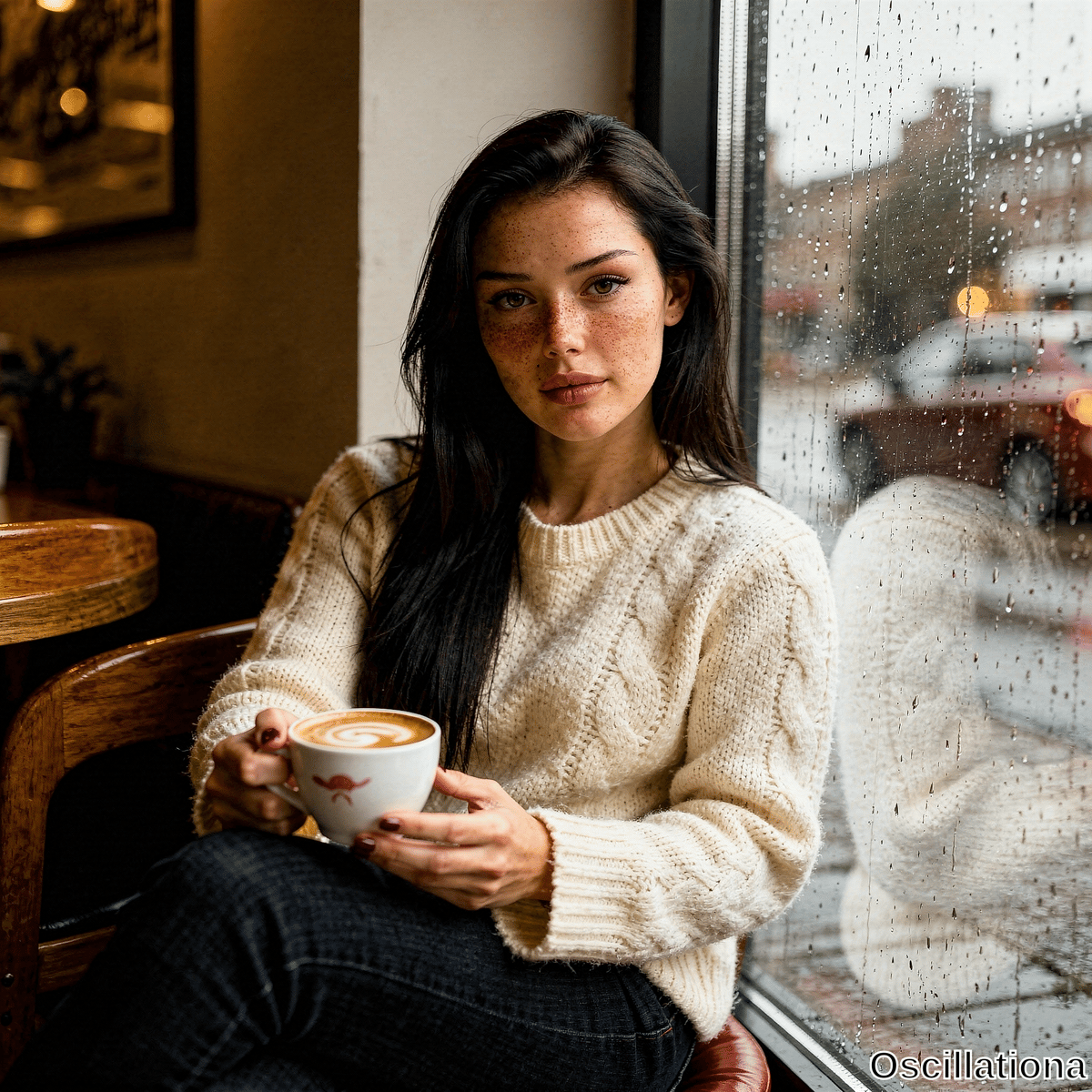 A young woman with green eyes, dark hair and freckles holds a latte in a cozy cafe, gazing at the viewer by a rainy window revealing a blurred street with a red car. 
The warm interior contrasts the cool over