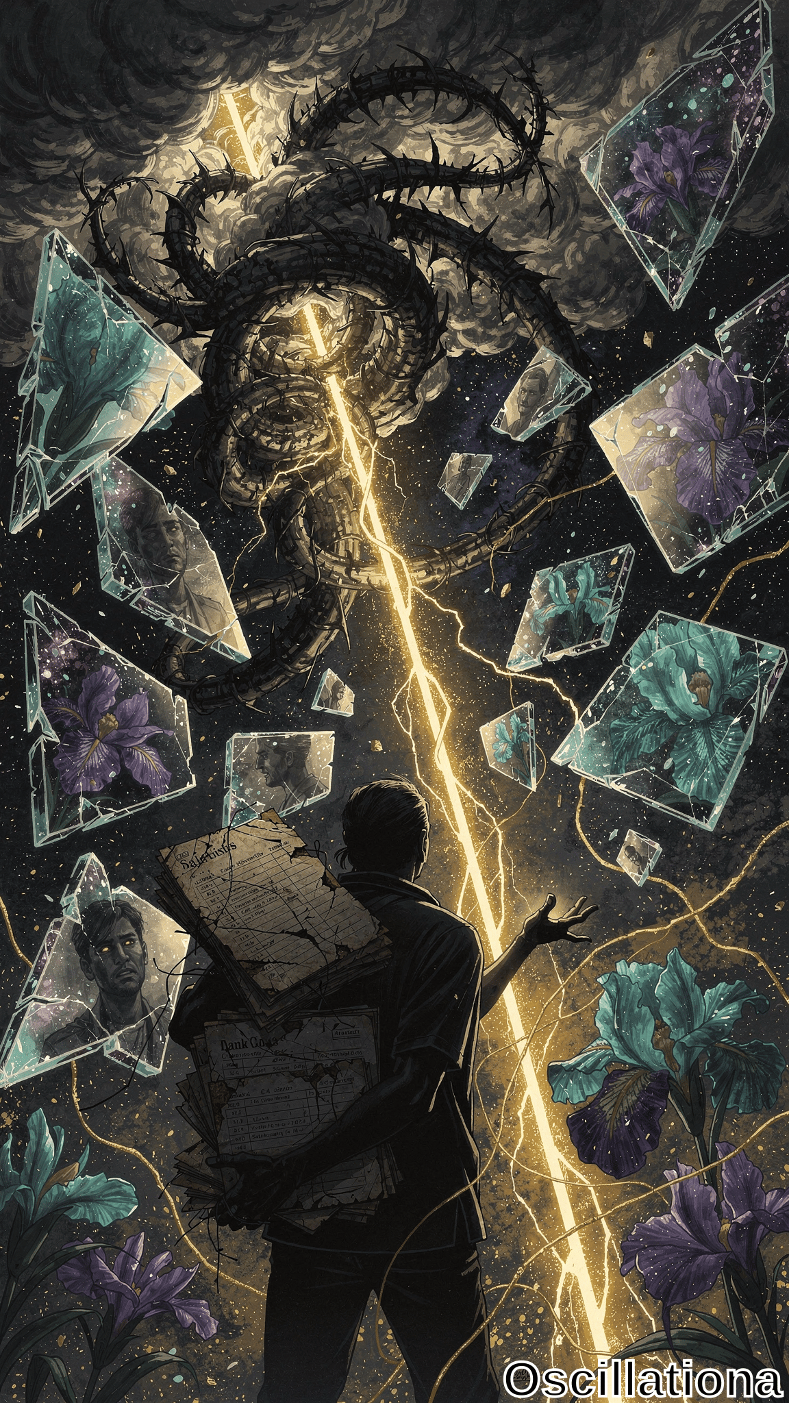A suited man stands with a fractured portrait as lightning strikes upward to a massive swirling tentacle monster amid floating shards of mirrors holding purple and teal flowers. Dark cosmic fantasy scene with dramatic golden light against black starry space.