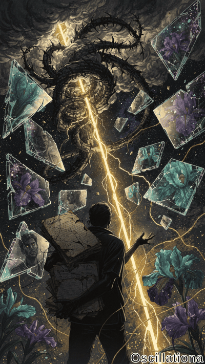 A suited man stands with a fractured portrait as lightning strikes upward to a massive swirling tentacle monster amid floating shards of mirrors holding purple and teal flowers. Dark cosmic fantasy scene with dramatic golden light against black starry space.