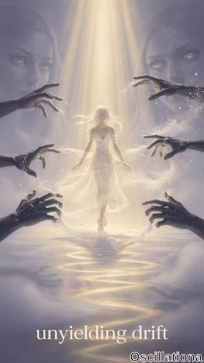 A radiant woman in a flowing white dress stands on rippling water beneath golden light beams, encircled by dark reaching hands and faint ethereal faces in misty blue tones.