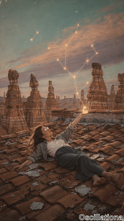 Surreal twilight: barefoot young woman reclines on terracotta rooftops in white shirt & gray jacket/pants, wavy hair flowing, sunglasses; palm emits golden orb linking luminous lines to glowing Orion stars in teal-orange gradient sky
