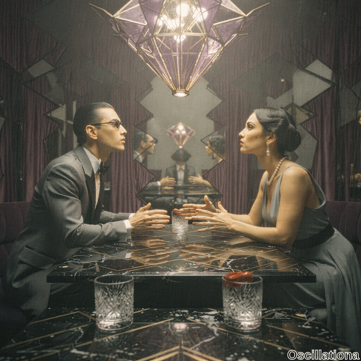 Moody close-up of Asian man in suit and sunglasses gesturing intently to elegant woman in silvery slip dress at marble table with amber liquor and red cherry cocktail in dim Art Deco lounge, purple velvet drapes, reflective mirrors, chand