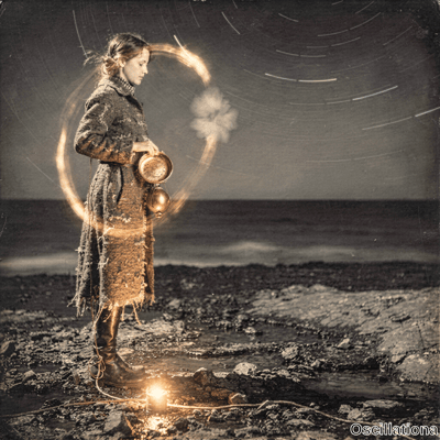 Profile of woman in dark textured coat and boots on a rocky shore, holding a perforated lantern ringed by amber light above wet rocks and star trails.