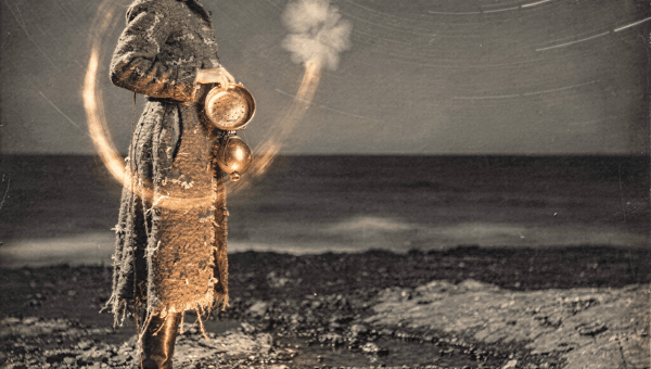 Profile of woman in dark textured coat and boots on a rocky shore, holding a perforated lantern ringed by amber light above wet rocks and star trails.