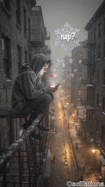 Moody cinematic portrait of pale young man with dark hair, pensive on rusty NYC fire escape above snowy alley; gray hoodie snow-dusted, knees up scrolling glowing phone (wine glass, music icons), bokeh flakes,