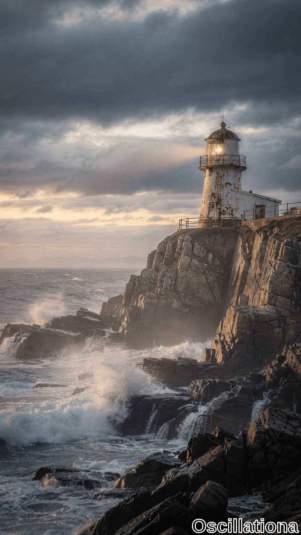 A weathered white lighthouse with rust stains and glowing red-domed lantern clings to a jagged granite cliff at stormy dusk. Dark brooding clouds pierced by golden rays; turbulent waves crash on lichen-speckled rocks.