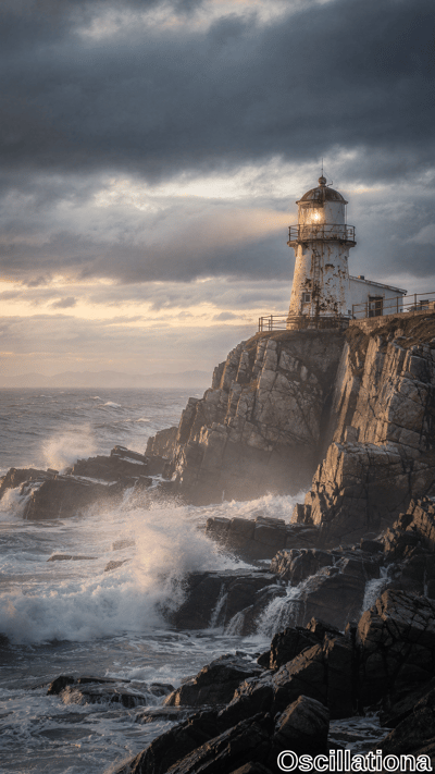 A weathered white lighthouse with rust stains and glowing red-domed lantern clings to a jagged granite cliff at stormy dusk. Dark brooding clouds pierced by golden rays; turbulent waves crash on lichen-speckled rocks.